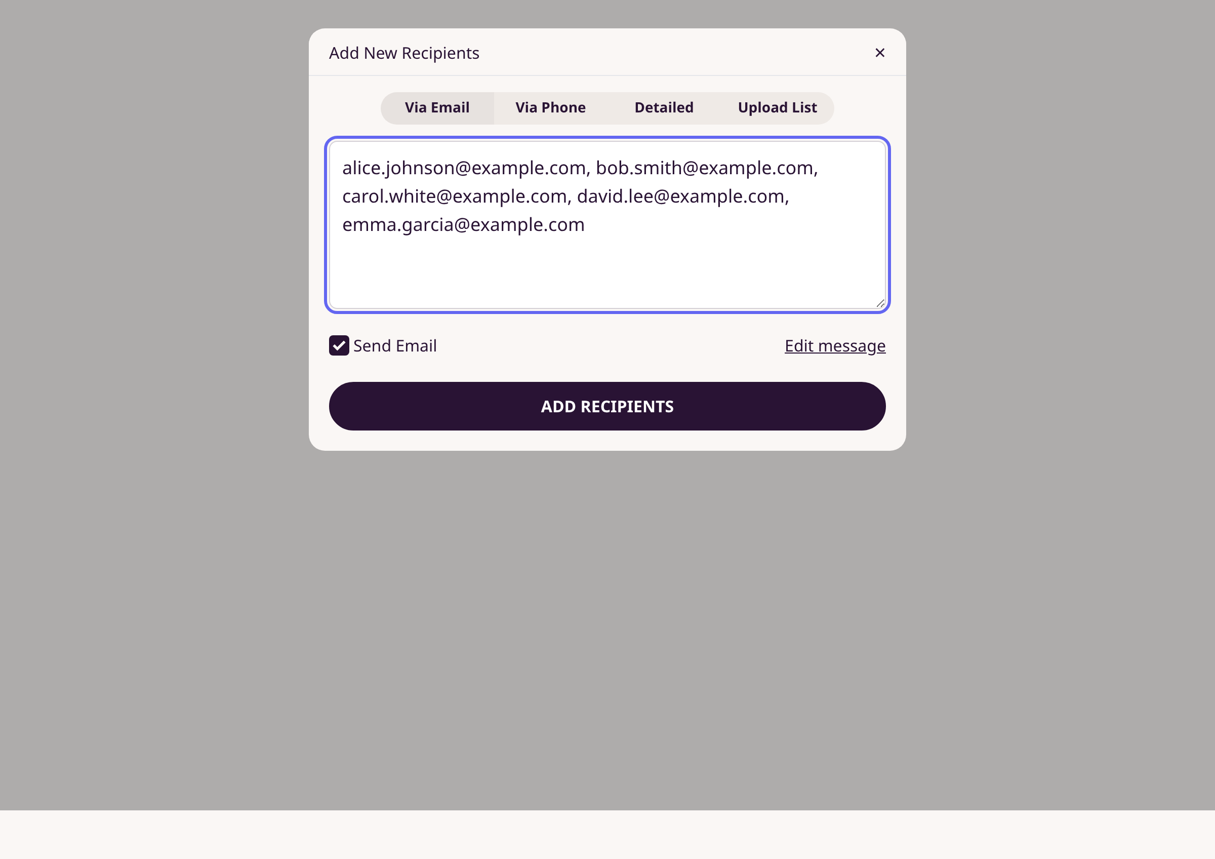 Open the Add Recipients modal illustration